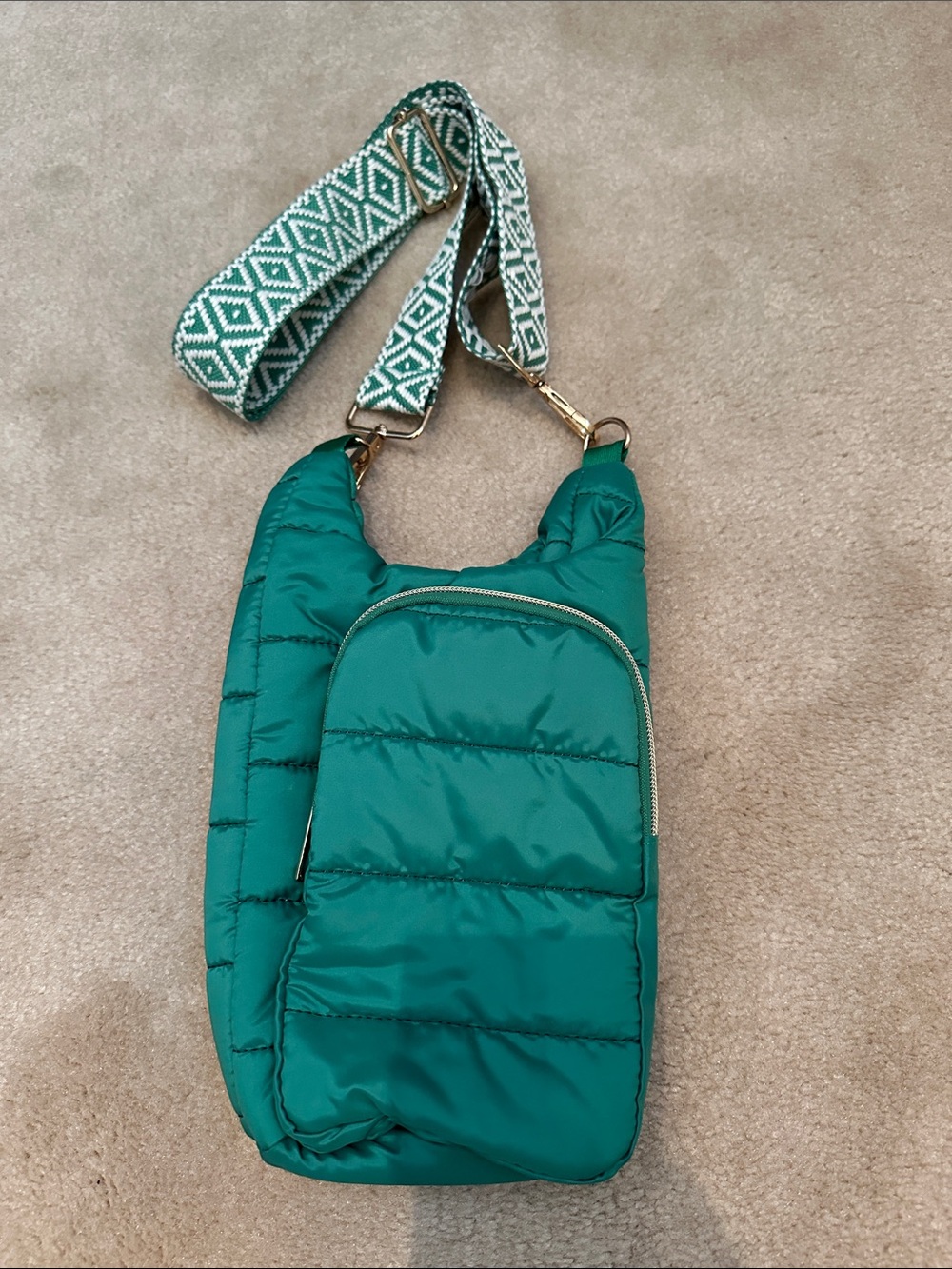 Quilted Kelly green Crossbody Sling Bag with Patterned Strap
